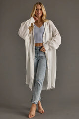 White Gauze Long Button Up